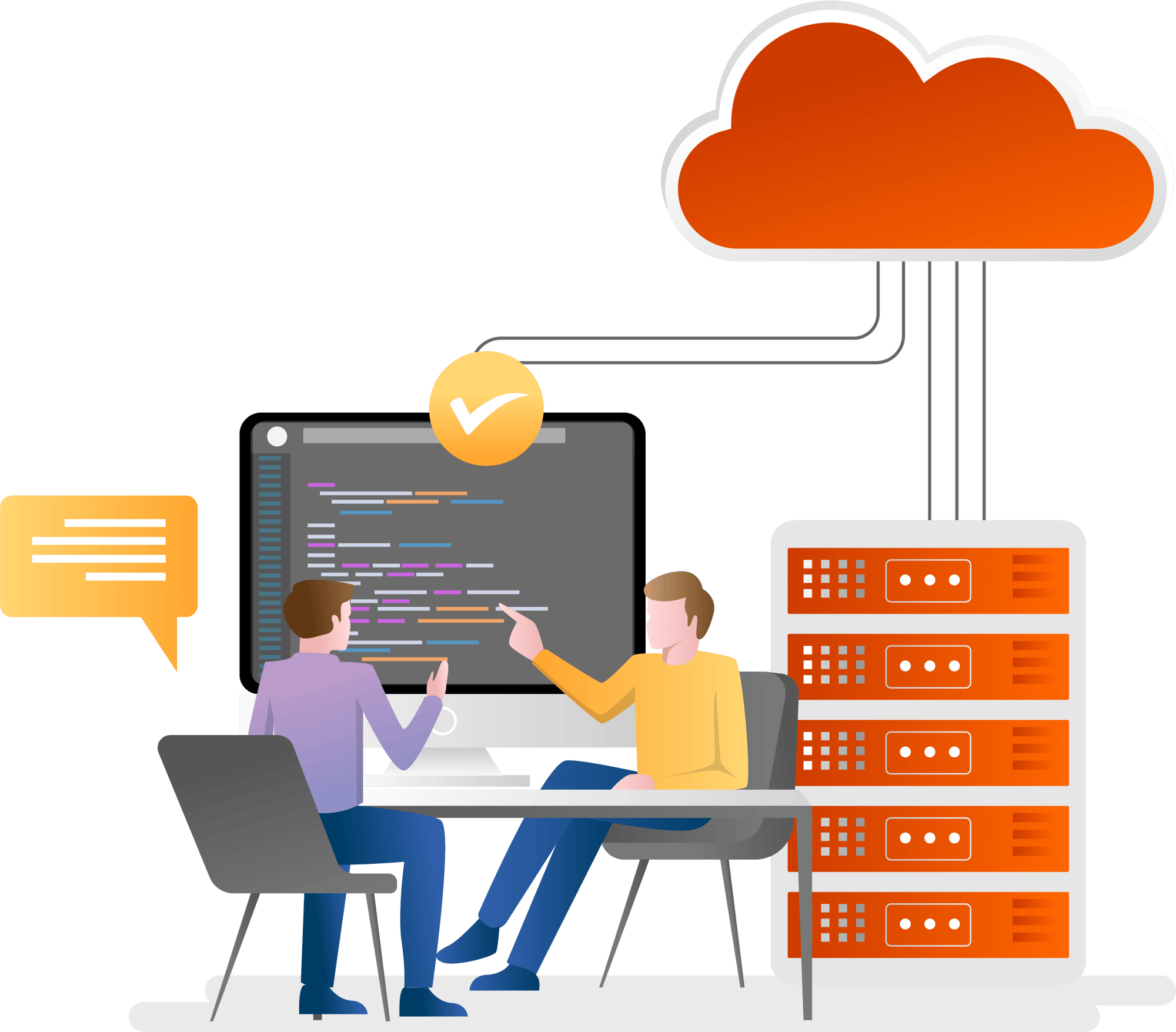 Beratungsgespräch zwischen zwei Personen vor Server und Cloud