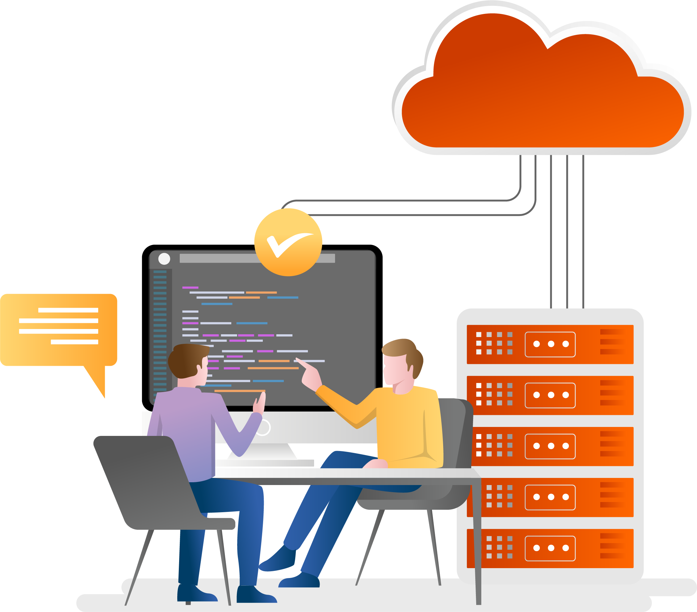 Beratungsgespräch zwischen zwei Personen vor Server und Cloud